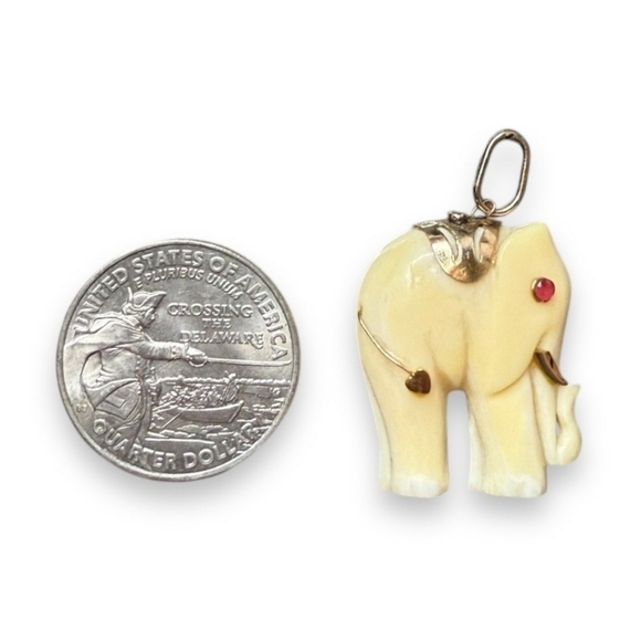 Vintage 14k Gold and Carved Bone Elephant Pendant - Picture 6 of 8